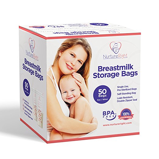 50 Breastmilk Storage Bags - 6oz / 180ml Pre-Sterilized & BPA-FREE Bags, Designed for Even and Faster Thawing with Leak Proof Mechanism by Nurture Right
