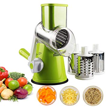 Vegetable Mandoline Slicer, Zacfton Vegetable Fruit Cutter Cheese Shredder Rotary Drum Grater with 3 Stainless Steel Rotary Blades and Suction Cup Feet (Green)