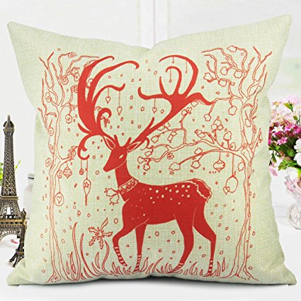 Homar Throw Pillow Covers - Merry Christmas Deer Print Pattern Decorative Pillow Case Zipper - Cotton Linen Square Pillowcase Cushion Cover Standard Size 18 x 18 for Couch Sofa Bed Car Seat Home Décor