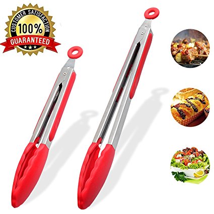 Premium Kitchen Cooking Tongs 9 Inch and 12 Inch Barbecue Tongs Heat Resistant Non-stick with Silicone Tips for Cooking, Grilling and Serving Food, Locking Tongs Set of 2