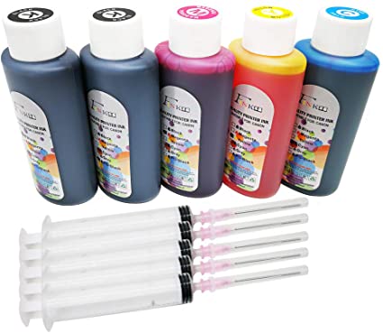 Fink 5x100ml Bottle Ink Refill Kits Compatible for Hp Inkjet Ink Cartridges-2 Black 1 Cyan 1 Magenta 1 Yellow and 4 Syringes