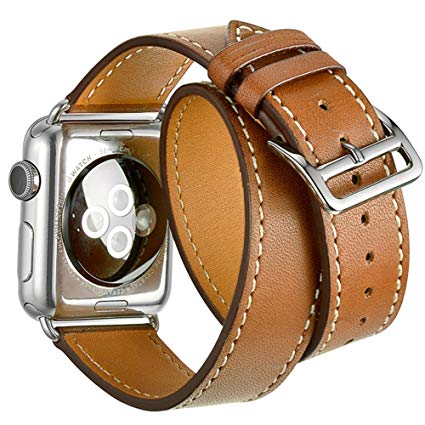 Valkit for Apple Watch Band - iWatch Bands 42mm Genuine Leather Strap iPhone Smart Watch Band Bracelet Replacement Wristband with Stainless Steel Adapter Clasp for Apple Watch 2 1, Double Tour - Brown