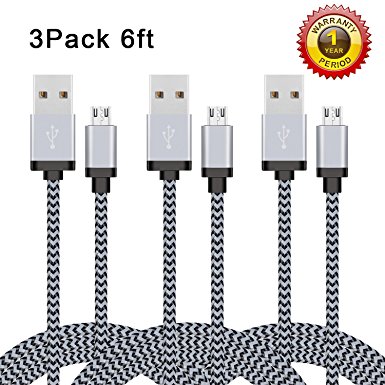 Micro USB Cable, RODERICK 6ft High Speed Micro-USB to USB 2.0 Cable Nylon Braided Android Charging Cord Micro USB Charger for Samsung S8, HTC,Blackberry and More(Black&Grey 3 Pack)