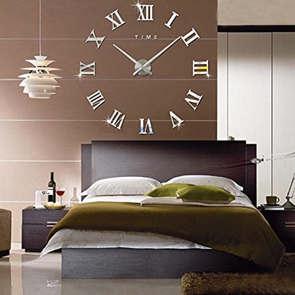FAS1 Modern DIY Large Wall Clock Big Watch Decal 3D Stickers Roman Numerals Wall Clock Home Office Removable Decoration for Living Room - Silver (Battery NOT Included)