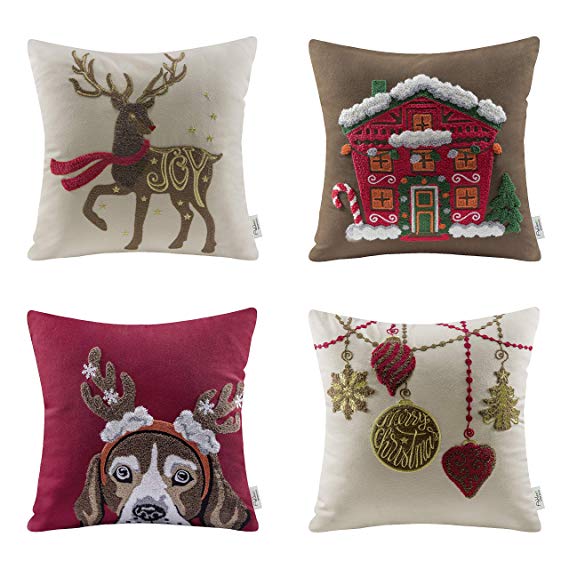 Ashler Merry Christmas Set of 4 100% Cotton Embroidery Reindeer Santa House Throw Pillow Covers 18" x 18" 45cm x 45cm