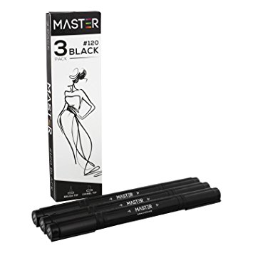 Set of 3 Black Color Dual Tip Master Markers - Double-Ended Art Markers with Chisel Point and Standard Brush Tip - Soft Grip Barrels - Illustration, Draw, Sketch, Outline, Render, Manga