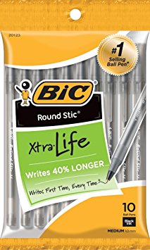 BIC Round Stic Xtra Life Ball Pen, Medium Point (1.0 mm), Black, 10-Count