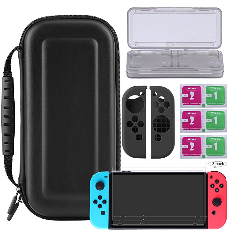 Bestico Protector Kits for Nintendo Switch, Switch Protection Accessory includeNintendo Switch CarryingCase /Game Card Case/3 PieceClear HD Full Coverage Nintendo switch Screen Protector/Joy-ConSilicone Protective Cover Skin.