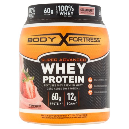 Body Fortress Super Advanced Whey Protein Powder, Strawberry, 60g Protein, 2 Lb