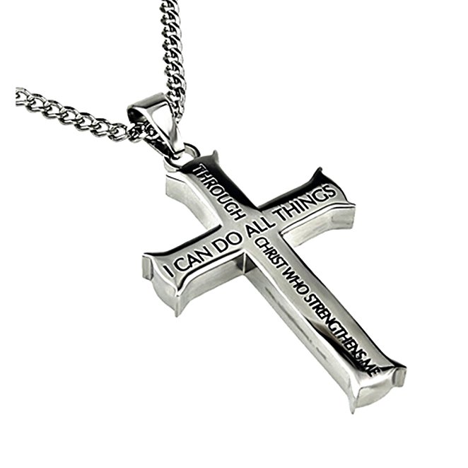 Philippians 4:13 Jewelry, Cross Necklace STRENGTH Bible Verse, Stainless Steel with Curb Chain