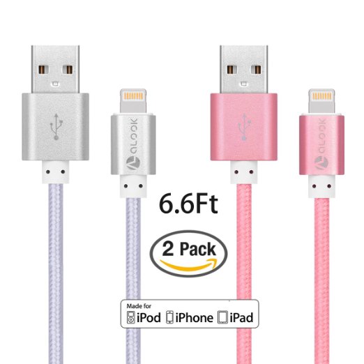 ALOOK 2pcs 66ft2m Durable Nylon Braided Lightning To USB Cable Data Cord Connector for iPhone 66sPlus5S5C5iPad4AirAir2MiniMini2Mini3Mini4iPod5thNano7th Rose GoldPink and Sliver