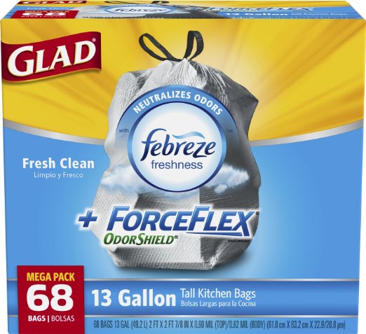 Glad ForceFlex OdorShield Tall Kitchen Drawstring Trash Bags Fresh Clean 13 Gallon 68 Count