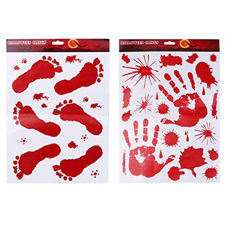 Topgalaxy.Z Halloween Decorations - Bloody hand Glass and Set of 6 Bloody Footprints Floor Clings - Happy Halloween Peel & Stick Wall Decals (11.8inch x 16.9inch Halloween decor sticker)