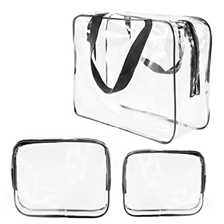 3Pcs Crystal Clear PVC Travel Toiletry Bag Kit for Men Women, Waterproof Vinyl Packing Organizer Storage Bag with Zipper Closure and Handle Straps, Cosmetic Pouch, Diaper Bag, Handbag Pencil Bag Black