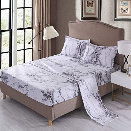 Mengersi Marble Sheet Set - White Luxury Hotel Bed Sheets - Extra Soft - Deep Pockets - 1 Fitted Sheet, 1 Flat, 2 Pillow Cases - 4 Piece (Queen, White)