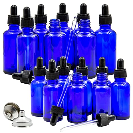 16 Cobalt Blue Glass Dropper Bottles for Essential Oil, 8 pack (1 Ounce) Blue Bottles with Glass Eye Dropper, 8 pack (2 Ounce) Blue Bottles With Glass Eye Dropper, with 2 Stainless Steel Mini Funnels