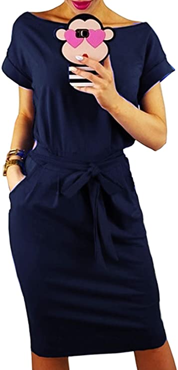Longwu Women's Elegant Comfortable Casual Short Sleeve Pencil Dress with Belt Pockets for Work/Lounge Wear