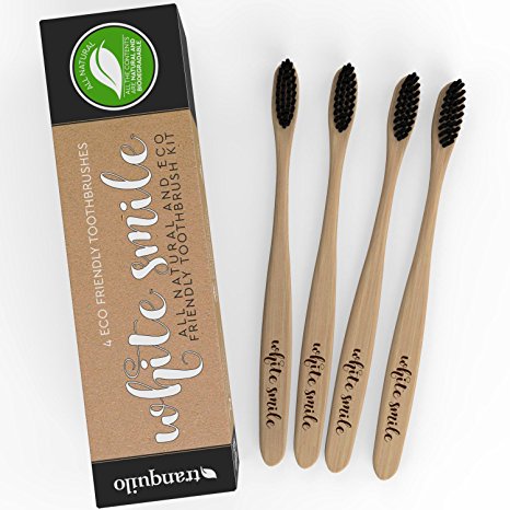Biodegradable Toothbrush - Family Pack of 4 - Great For Kids All Natural Bamboo Handle & Charcoal Bristles BPA Free For Teeth Whitening