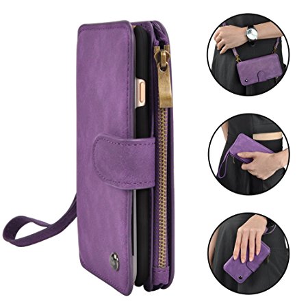 Cornmi iPhone 6s Plus Case, Multifunctional Leather Zipper Wallet Detachable Flip Cover Coin Purse, 14 Card Slots Stand Case for iPhone 6 Plus 5.5", iPhone 6s Plus 5.5" (Purple for iPhone 6/6s Plus 5.5")