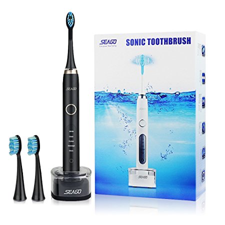 Electric Toothbrush, Seago Rechargeable Sonic Toothbrush with 40000 Strokes per Minutes, 6mm Wide Swing with Twin-engine, IPX7 Waterproof, 5 Modes and 3 Free Replacement Brush Heads - Black