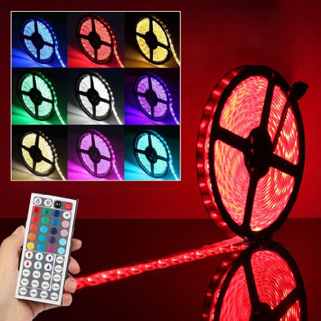 Led Strip Lighting 5M 16.4 Ft Waterproof 5050 RGB 150LEDs Flexible Color Changing Full Kit with 44 Keys IR Remote Controller , Control Box ,12v 2A Power Supply