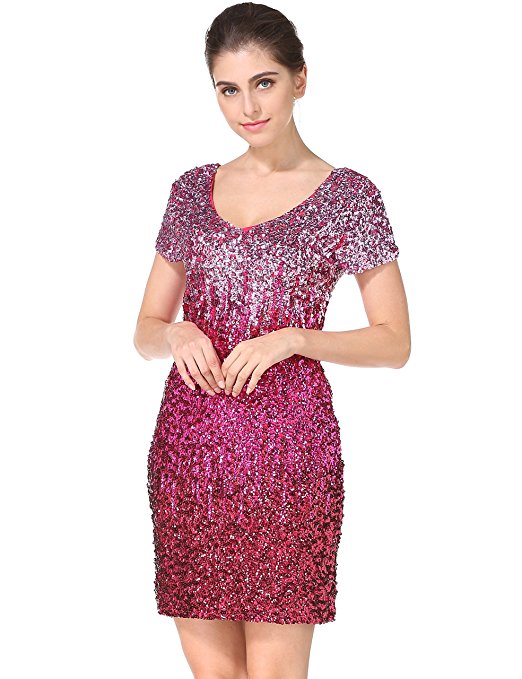 MANER Women's Sequin Glitter Short Sleeve Gowns Sexy V Neck Mini Party Bodycon Dress Not Itching