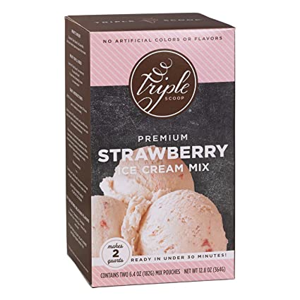 Triple Scoop Ice Cream Mix, Premium Strawberry, starter for use with home ice cream maker, no artificial colors or flavors, ready in under 30 mins, makes 2 qts (1 15oz box)