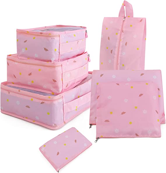 7Pcs Travel Bags Clothes Packing Cube Luggage Organizer with Shoes Bag (Pink square)
