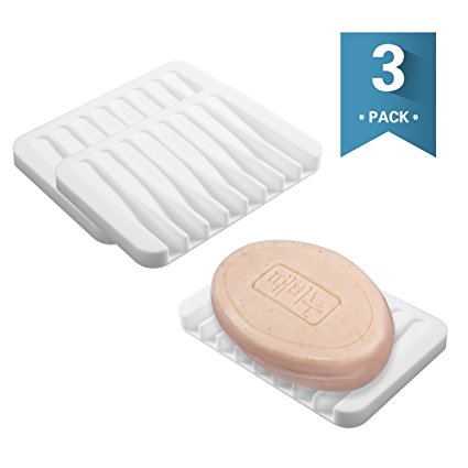 Silicone Shower Soap Dish Set, Soap Saver Holder, Rectangle Concave,3 Pack (White)