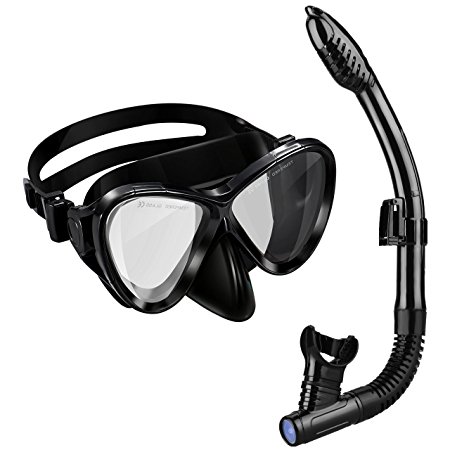 OMorc Adults Diving Snorkel Set - Tempered Glass Diving Mask & Dry Top Snorkel, Anti-Fog Panoramic Scuba Mask, Snorkel with Food-Grade Silicone Mouthpiece Perfect for Diving
