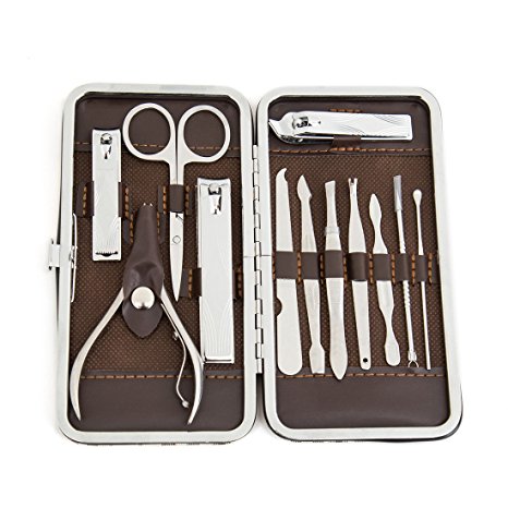 Rong Keast Stainless Steel Nail Clipper Set Professional Nail Cutter - Grooming Kit Manicure & Beauty tool pack、Pedicure Kit of 12pcs with Leather Case
