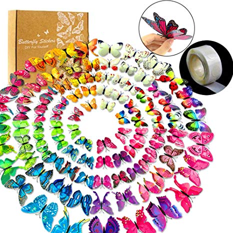YGEOMER 96pcs 3D Butterfly Removable Mural Stickers Wall Stickers Decal with Double Wing, 8 Colors,with 1 Sheet of Dot Glue Stickers Per Pack