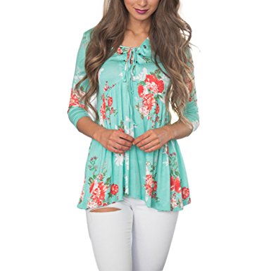PARTY LADY Women's Lace-up V Neckline with 3/4 Sleeve Floral Printed Blouse Tops