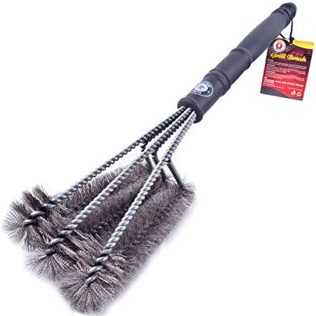 Alpha Grillers BBQ Grill Brush Triple Head Design Stainless Steel Bristles 18 Inch Long Tools Ideal For A Weber Barbecue