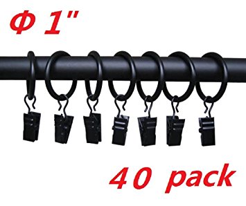 T O K G O 40-pack Black Matte Metal Curtain Rings with Clips (1"，Black)