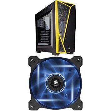 Corsair Carbide SPEC-04 Mid-Tower Gaming Case - Black and Yellow and Corsair Air Series AF120 LED Quiet Edition High Airflow Fan Single Pack - Blue