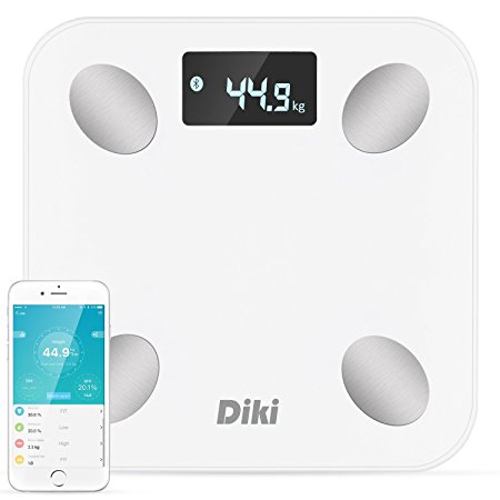 Body Fat Scale, DiKi Bluetooth Bathroom Scales with IOS/Android App, High Precision Skidproof Digital Body Weight with 10 Body Components Data/Step-On /Auto Off/Auto Zero Technology (White)