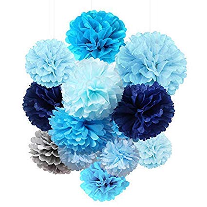 Tissue Paper Flowers Pom Poms Decorations - Bright Colorful Large Rainbow Craft Assorted Bulk Kit Hanging Wall for Big Wedding\ Birthday Party Decor (Blue Pack)