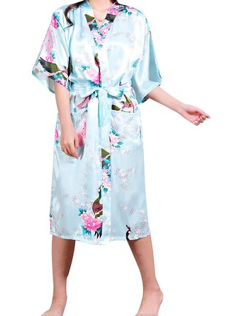 Women's Robes Peacock and Blossoms Kimono Satin Nightwear Dressing Gown-Long Style