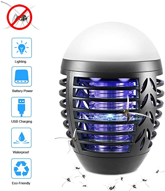 ZOTO Mosquito Killer Lamp, Electric Bug Zapper with 2200mAh Built-in Battery, IP66 Waterproof Insect Mosquito Fly Trap Lamp Camping Lantern Indoor Outdoor with Retractable Hook