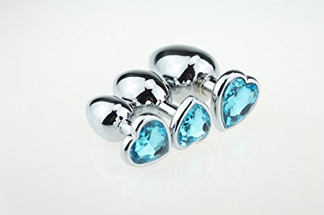 Mandydov Pack of 3pcs Heart Shape Stainless Steel Jeweled Anal Plug (light blue)