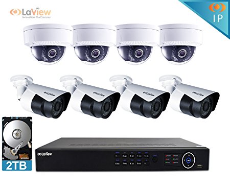 LaView 1080P IP 8 Camera Security System, 8 Channel IP PoE HDMI NVR (Resolution 1080p - 6MP) w/2TB HDD 4 Dome & 4 Bullet Hi-Res 2MP White Surveillance Camera Kit
