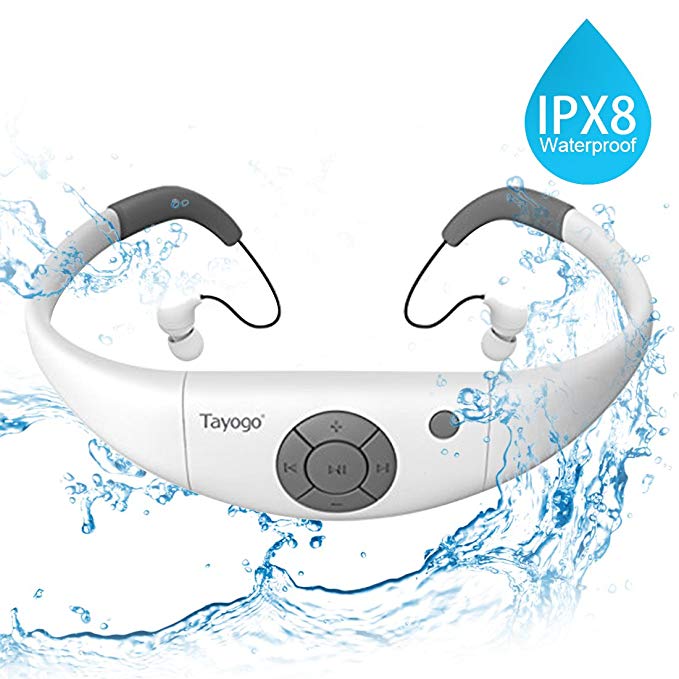 Tayogo Waterproof MP3 Player, IPX8 Waterproof Headphones for Swimming, 8GB Memory Can Download 2000 Songs, Swimming Earbuds, Work for 6-8 Hours Underwater 3 Meters, with Shuffle Feature