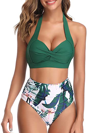 MBR FORCE Women Vintage Swimsuits Two Piece High Waist Bikini Halter Ruched Bathing Suits