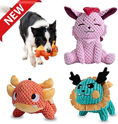UNIWILAND Latest Squeaky Plush Dog Toys Pack for Puppy, Durable Beef Flavored Stuffed Animal Plush Chew Toys with Squeakers, Cute Soft Pet Toys for Teeth Cleaning, for Small Medium Large Dogs