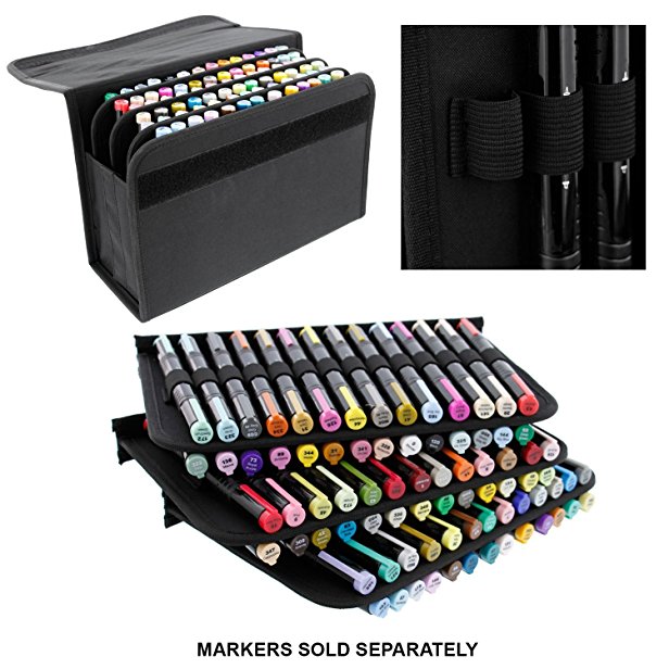 Universal 80 Slot Premium Heavy-Duty Nylon Marker Storage Case with Shoulder Strap - Works with Lipstick, Prismacolor, Copic, Sharpie, and more