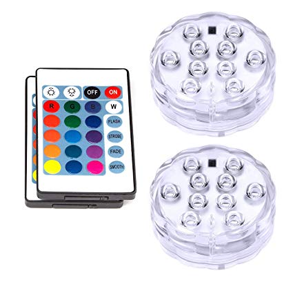 VIPMOON 2 Pack 10-LED RGB Submersible Lights, Multi Color Waterproof Light with 24 Keys Remote Controller for Vase Base, Floral, Aquarium, Pond, Party, Wedding, Halloween