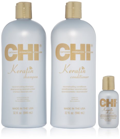 CHI Keratin Shampoo 32oz CHI Keratin Conditioner 32oz and CHI Keratin Silk Infusion 2oz Kit