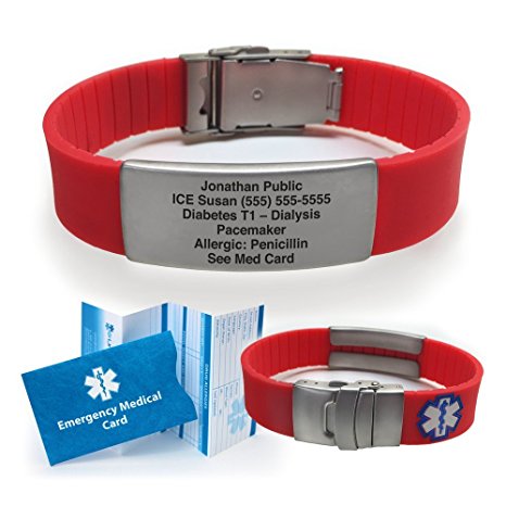 Red Silicone Sport Medical Alert ID Bracelet (Incl. 5 lines of custom engraving). Choose Your Color! -