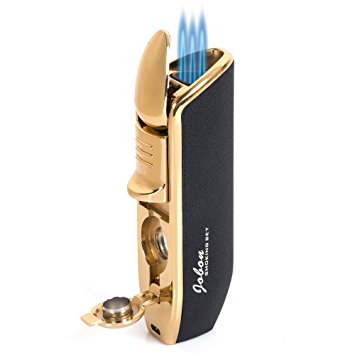JOBON Triple Jet Torch Flame Butane Gas Cigarette Cigar Lighter with Cigar Punch (Black Gold)